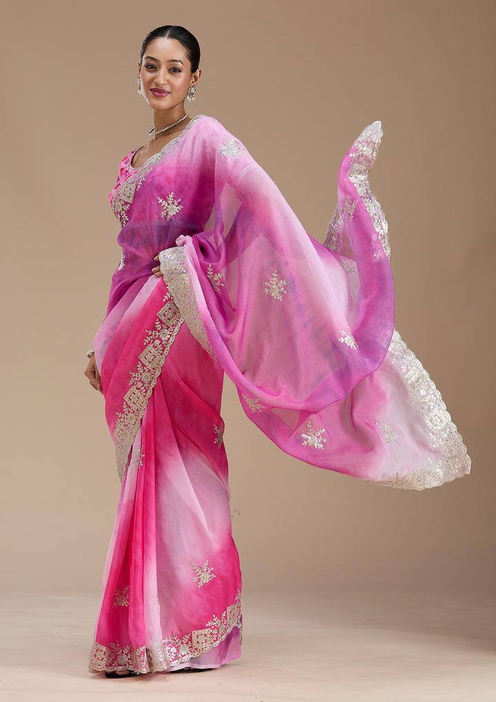 Pink Crepe Gotapatti Saree With Matching Blouse Piece