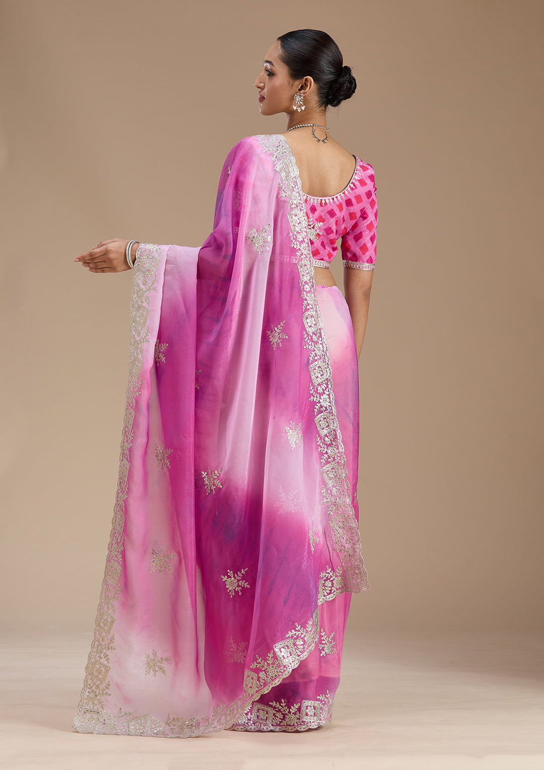 Pink Crepe Gotapatti Saree With Matching Blouse Piece