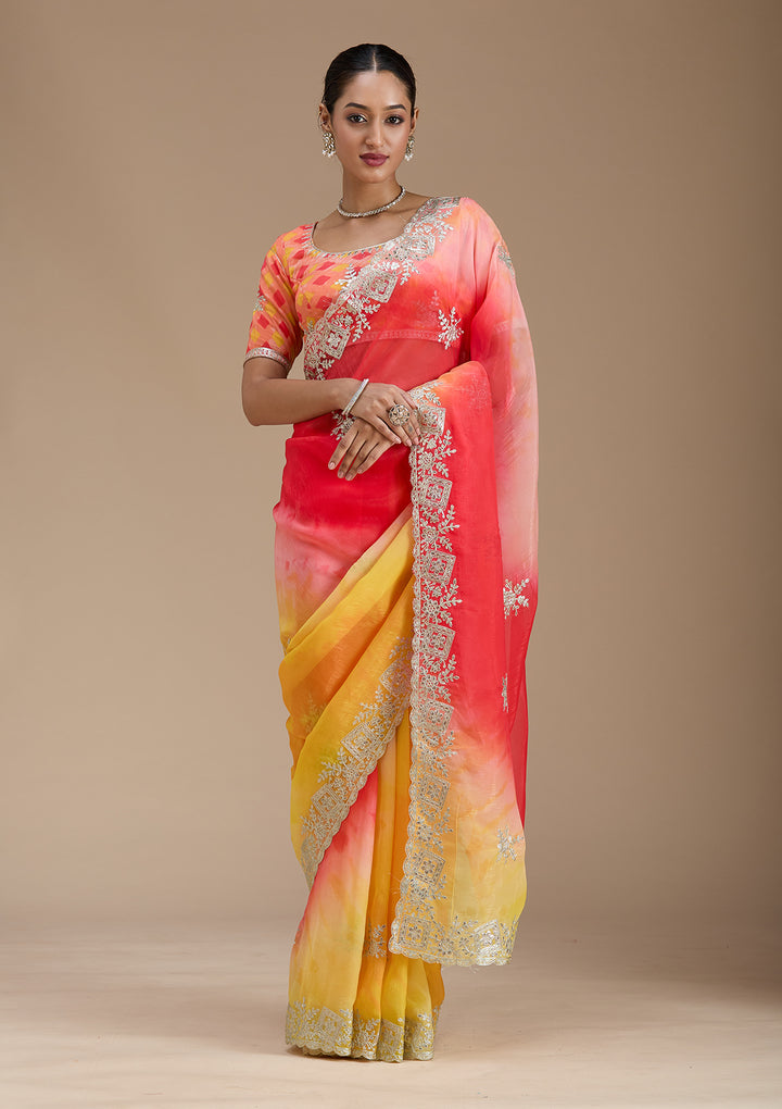 Red Crepe Gotapatti Saree With Matching Blouse Piece