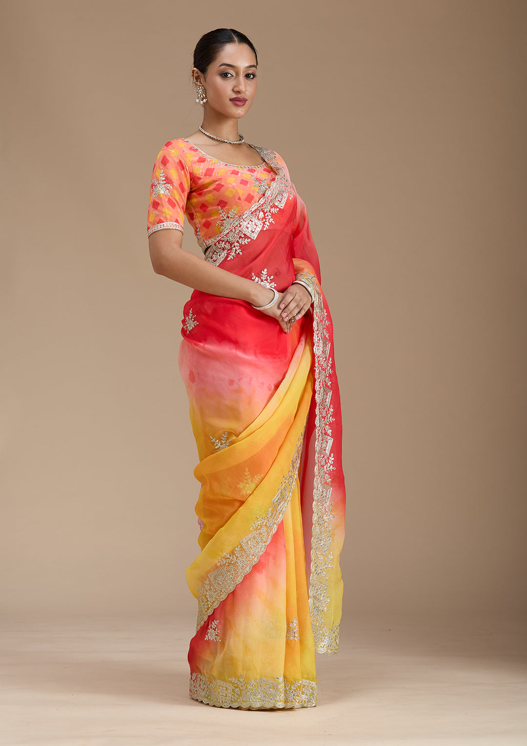 Red Crepe Gotapatti Saree With Matching Blouse Piece