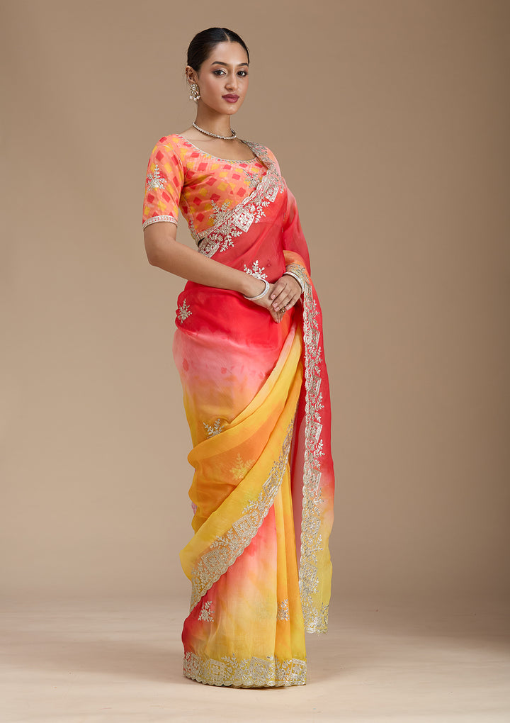 Red Crepe Gotapatti Saree With Matching Blouse Piece
