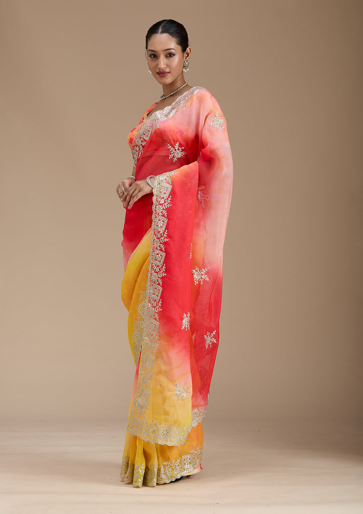 Red Crepe Gotapatti Saree With Matching Blouse Piece