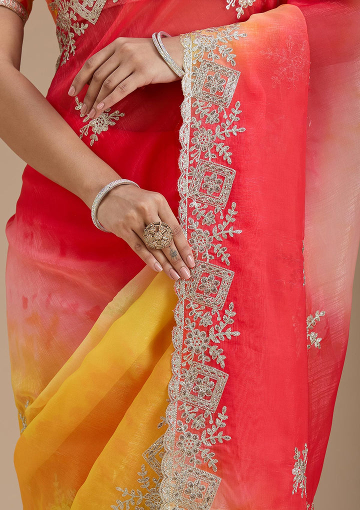 Red Crepe Gotapatti Saree With Matching Blouse Piece