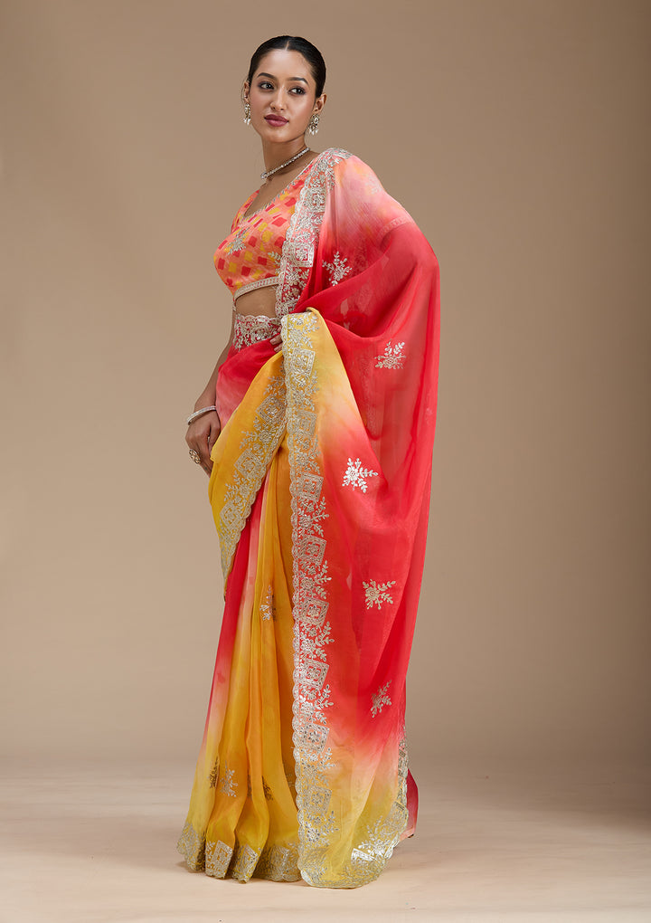 Red Crepe Gotapatti Saree With Matching Blouse Piece