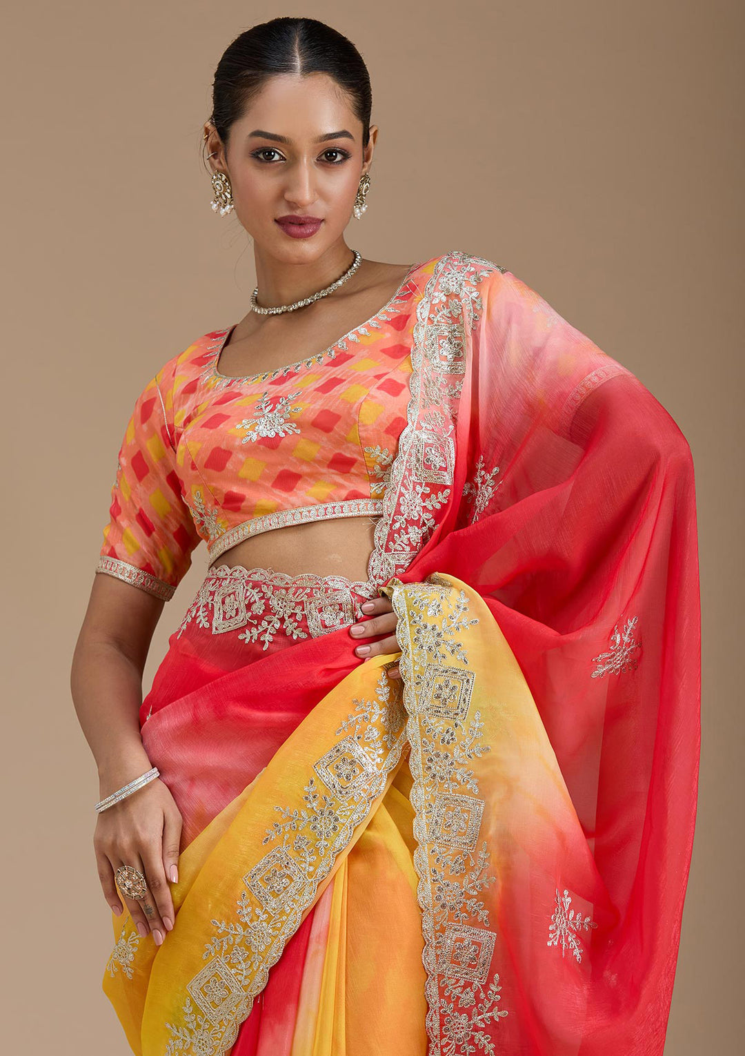 Red Crepe Gotapatti Saree With Matching Blouse Piece