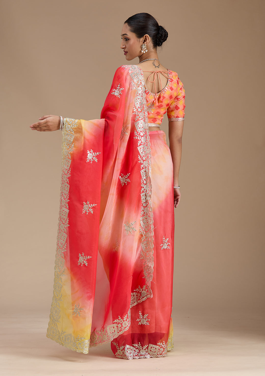 Red Crepe Gotapatti Saree With Matching Blouse Piece
