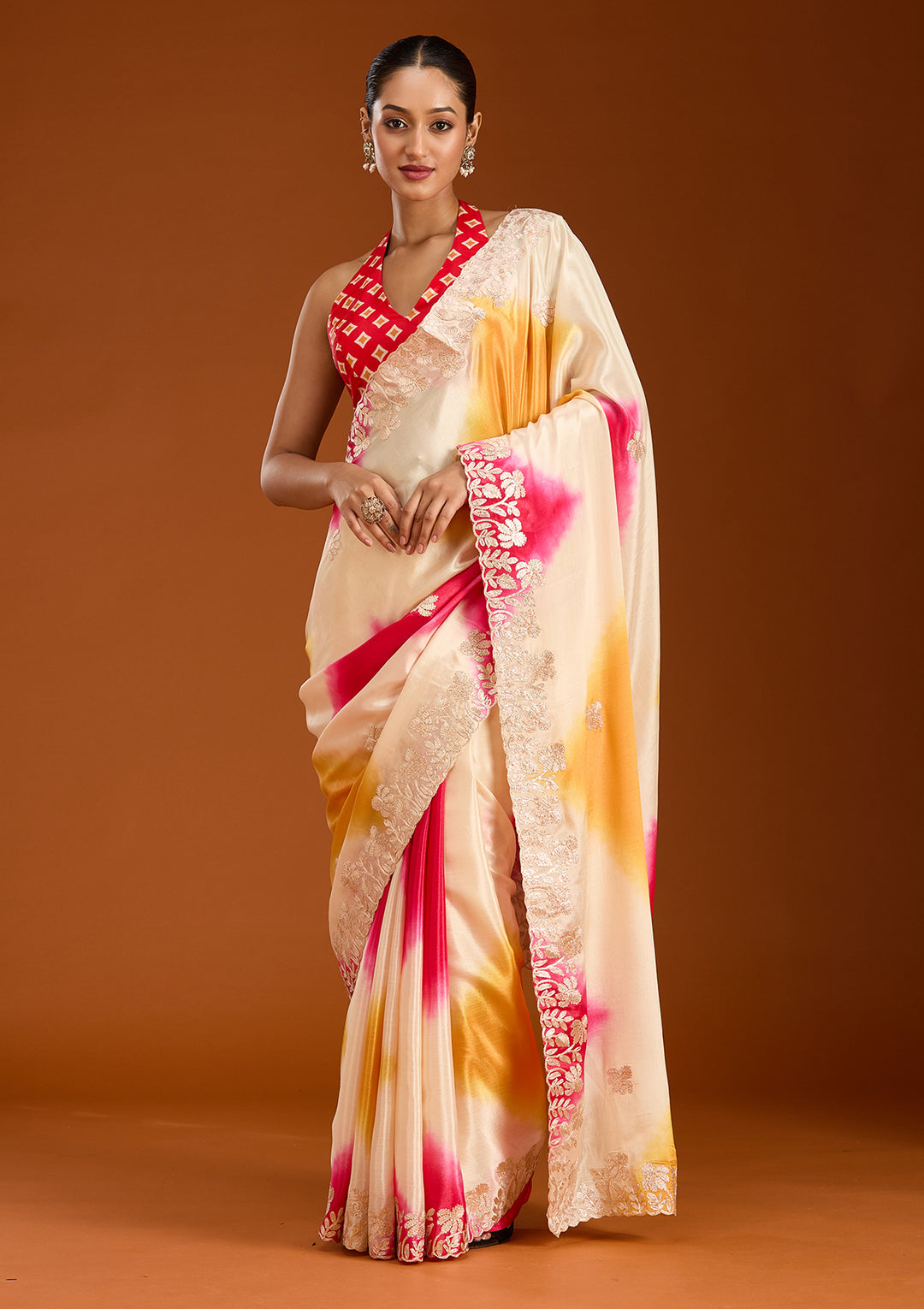 Rani Pink Crepe Gotapatti Saree With Matching Blouse Piece
