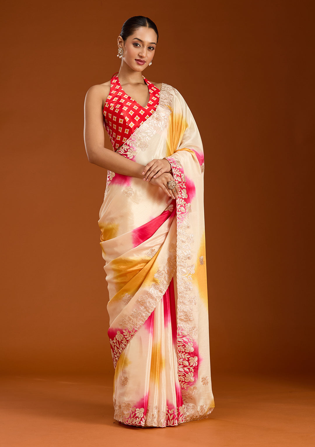Rani Pink Crepe Gotapatti Saree With Matching Blouse Piece