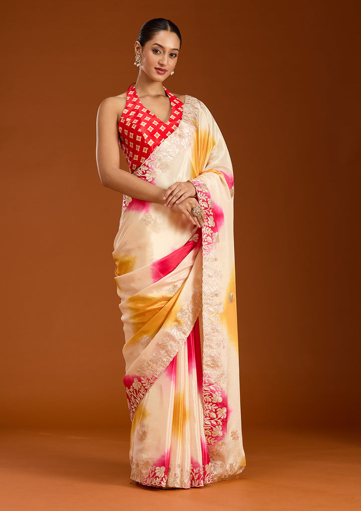 Rani Pink Crepe Gotapatti Saree With Matching Blouse Piece