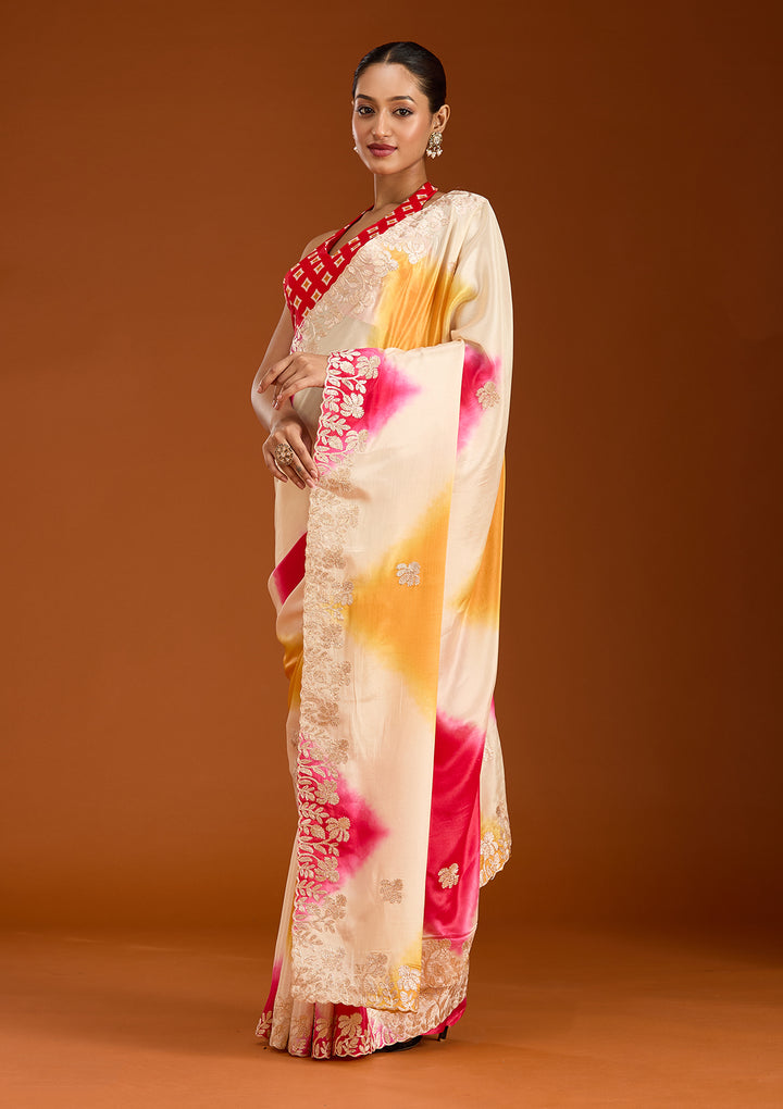 Rani Pink Crepe Gotapatti Saree With Matching Blouse Piece