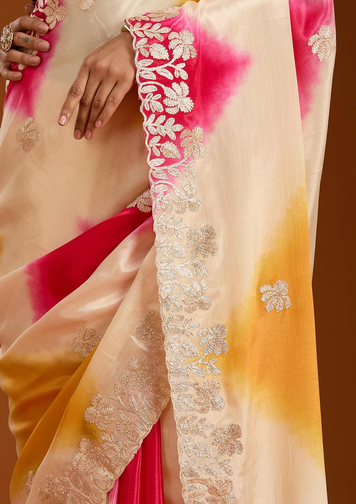 Rani Pink Crepe Gotapatti Saree With Matching Blouse Piece