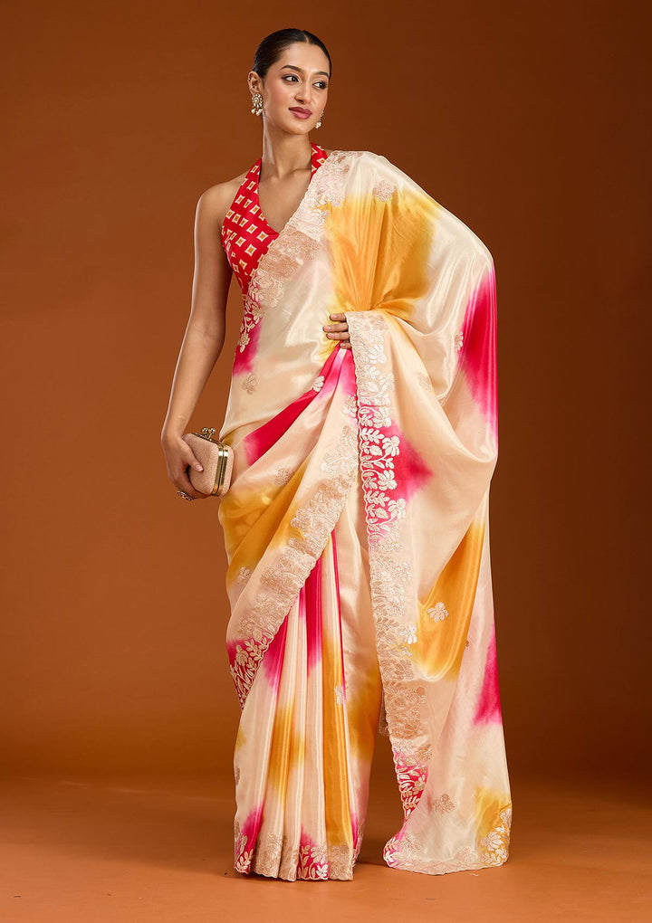 Rani Pink Crepe Gotapatti Saree With Matching Blouse Piece