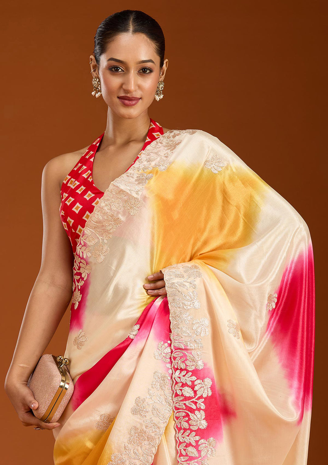 Rani Pink Crepe Gotapatti Saree With Matching Blouse Piece