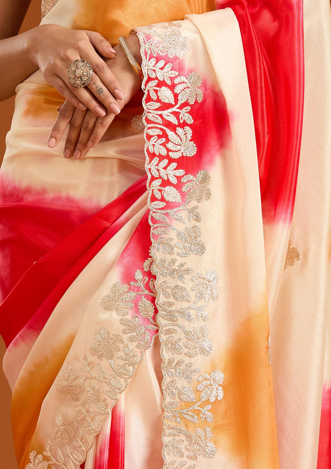 Red Crepe Gotapatti Saree With Matching Blouse Piece