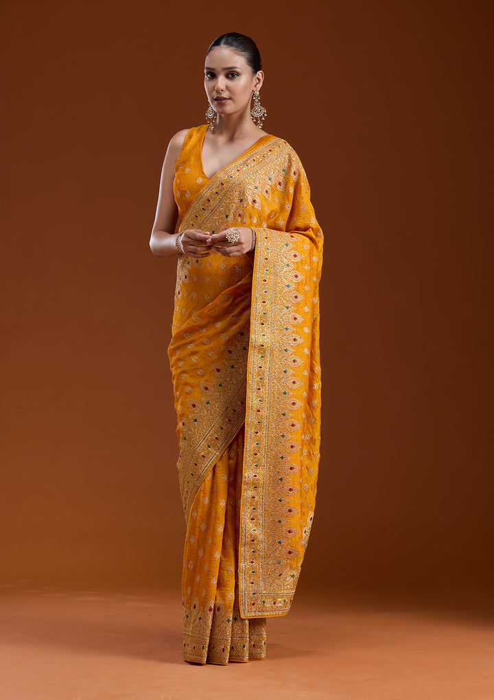 Mustard Zariwork (Gold) Soft Raw Silk Saree