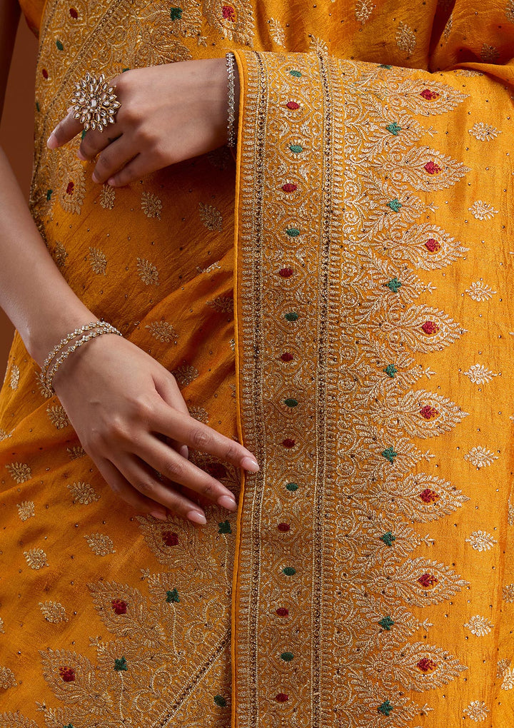Mustard Zariwork (Gold) Soft Raw Silk Saree