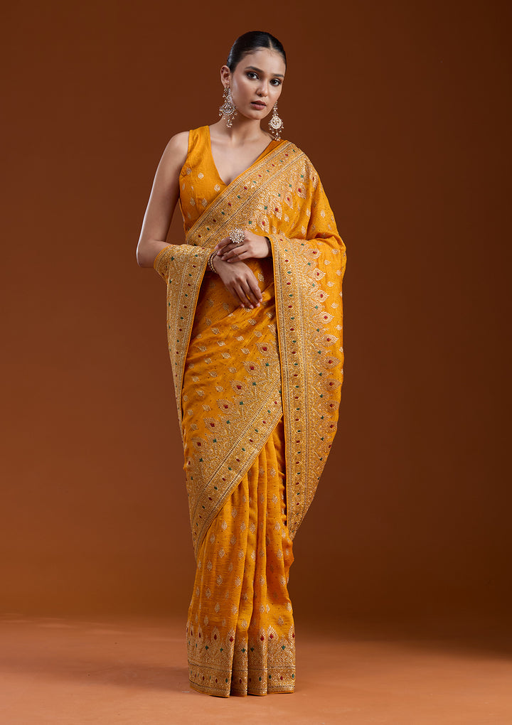 Mustard Zariwork (Gold) Soft Raw Silk Saree