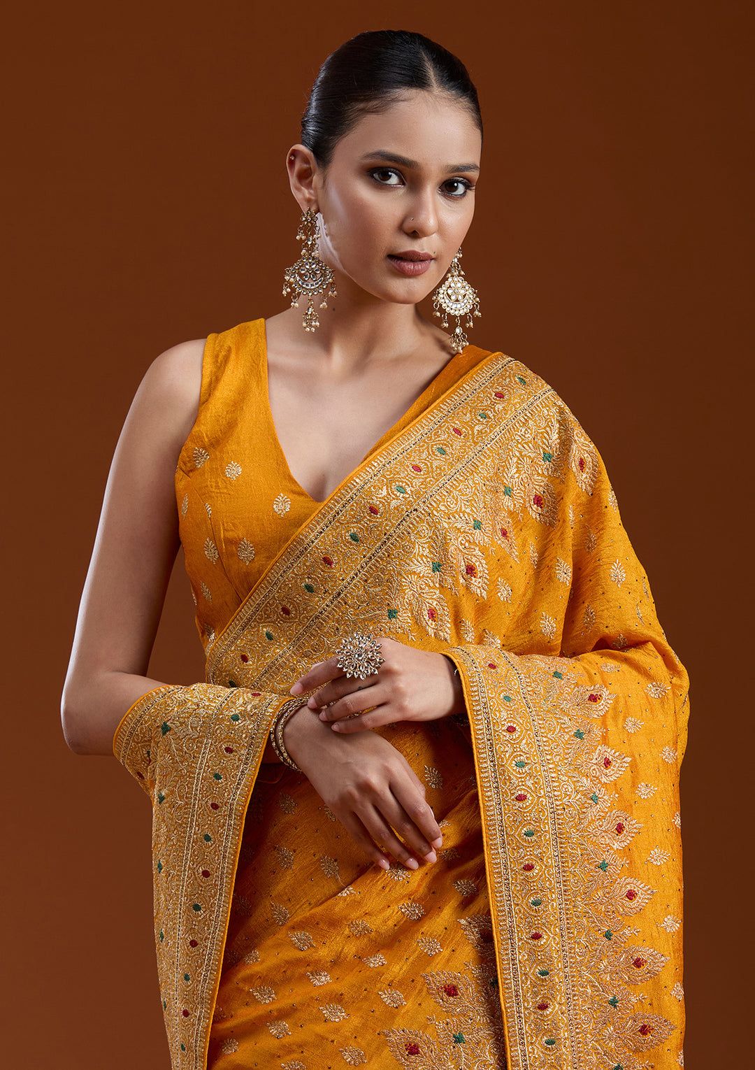 Mustard Zariwork (Gold) Soft Raw Silk Saree