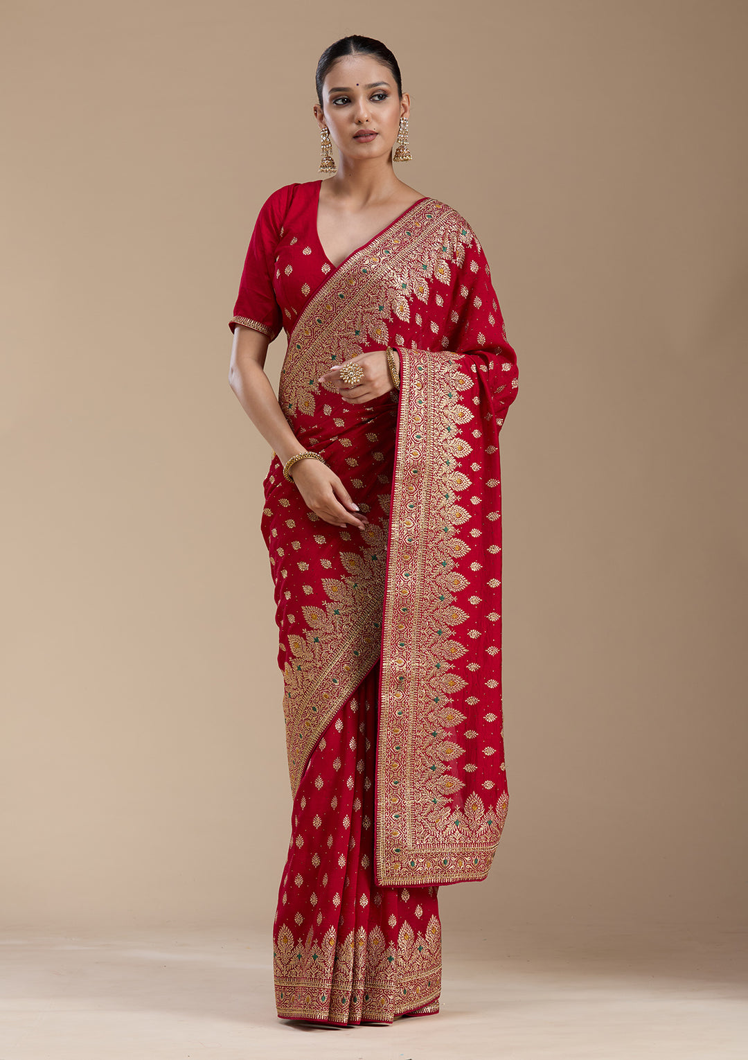 Red Zariwork (Gold) Soft Raw Silk Saree