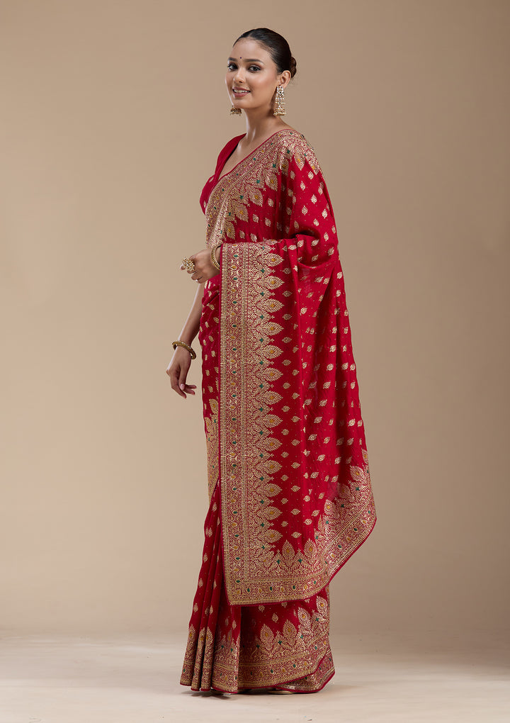 Red Zariwork (Gold) Soft Raw Silk Saree