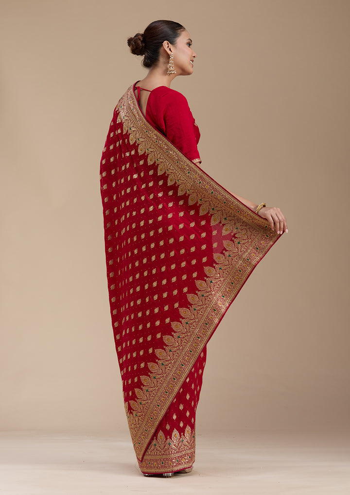 Red Zariwork (Gold) Soft Raw Silk Saree