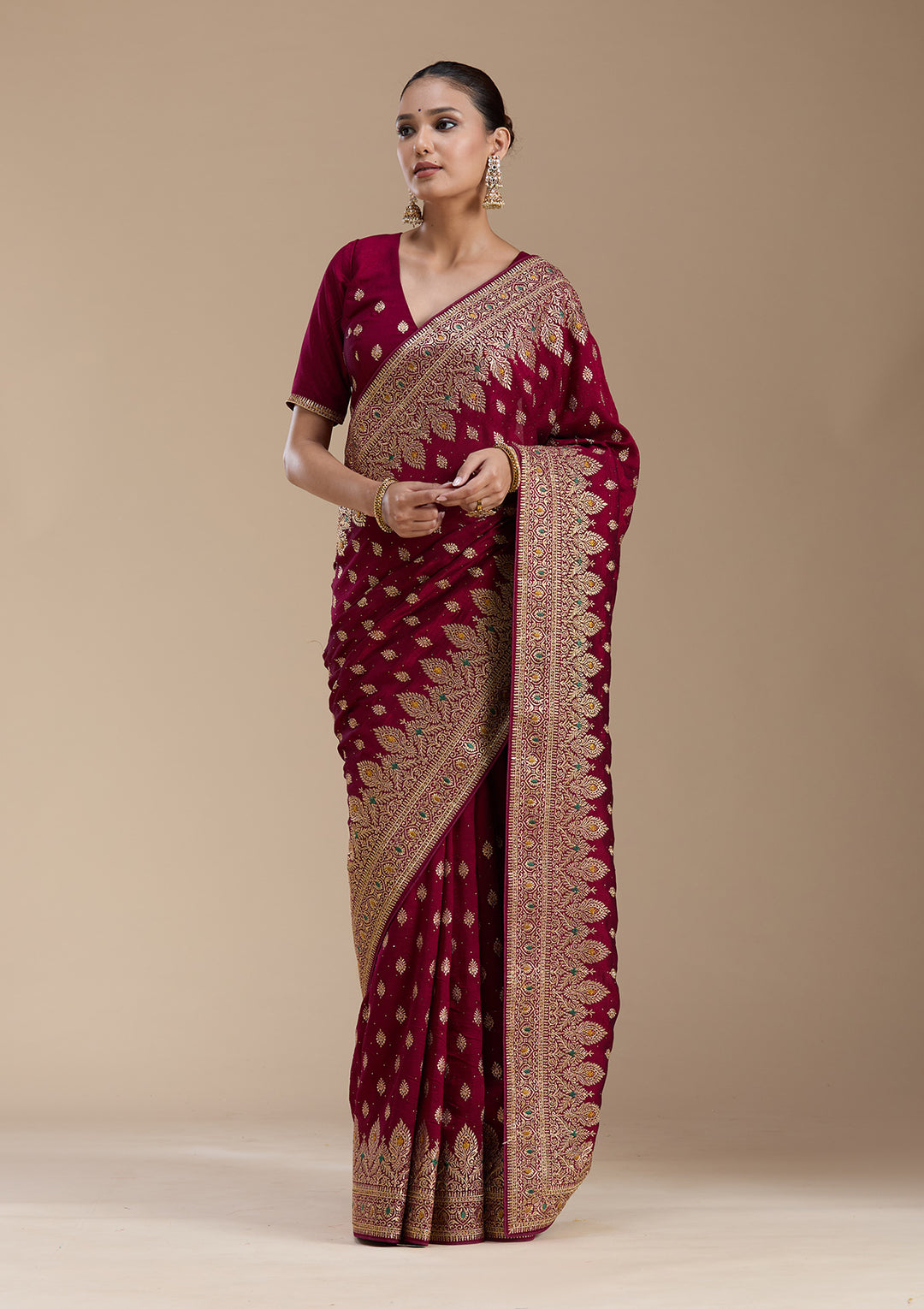 Wine Zariwork (Gold) Soft Raw Silk Saree