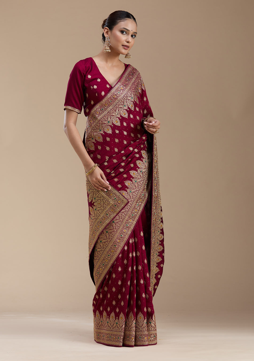 Wine Zariwork (Gold) Soft Raw Silk Saree