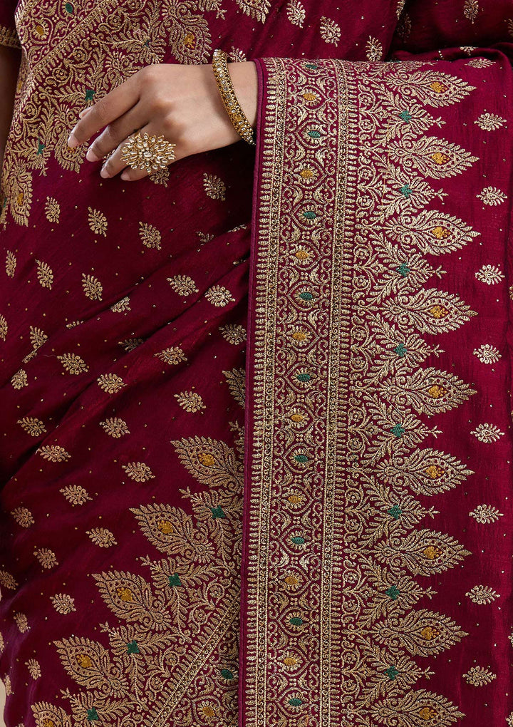 Wine Zariwork (Gold) Soft Raw Silk Saree