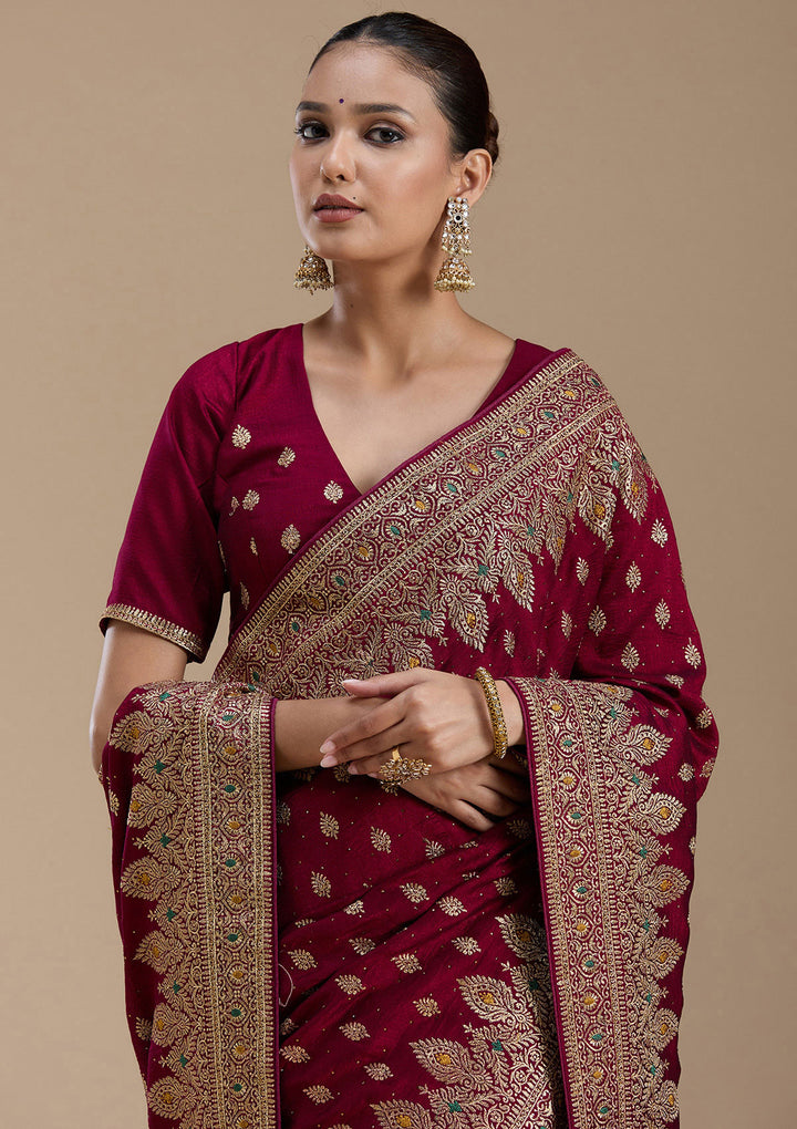 Wine Zariwork (Gold) Soft Raw Silk Saree
