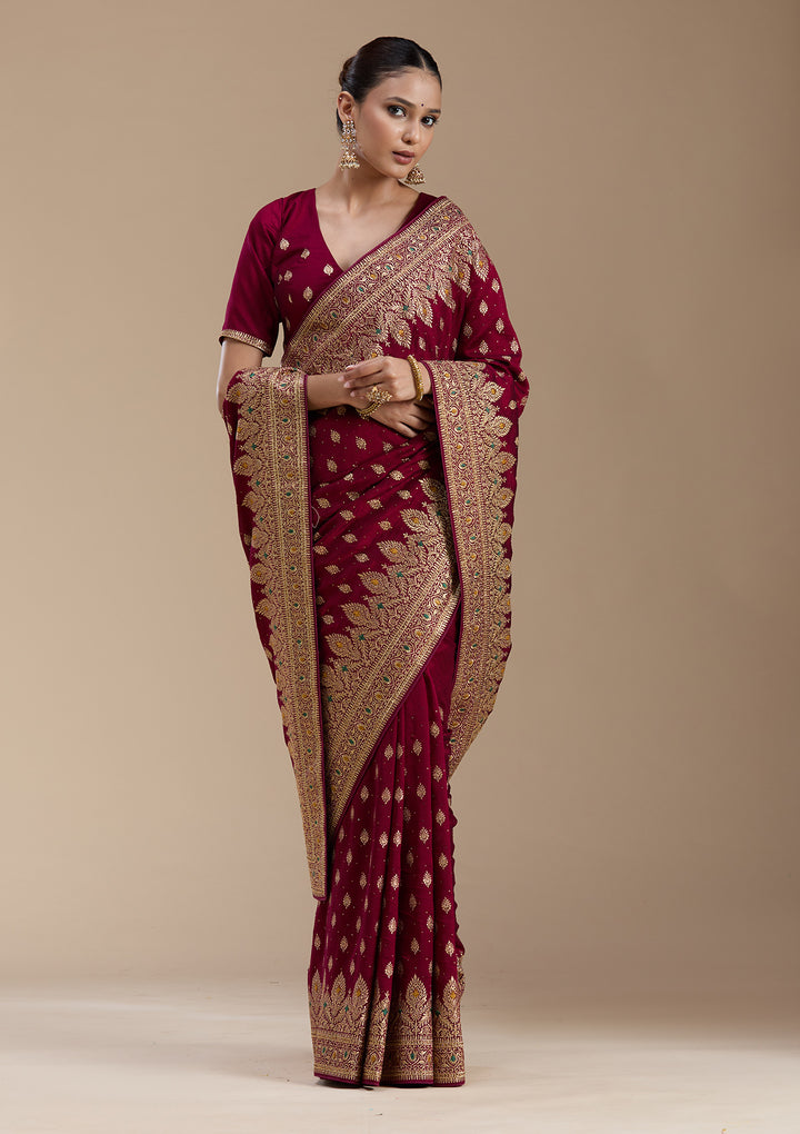 Wine Zariwork (Gold) Soft Raw Silk Saree