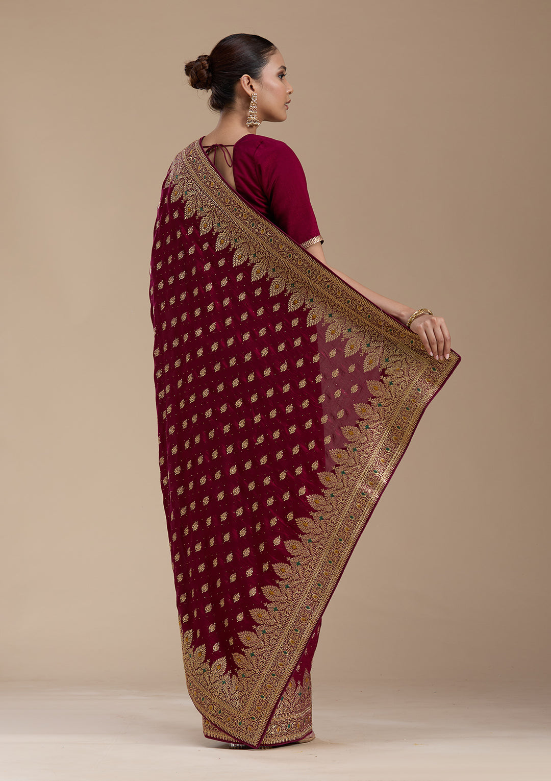 Wine Zariwork (Gold) Soft Raw Silk Saree