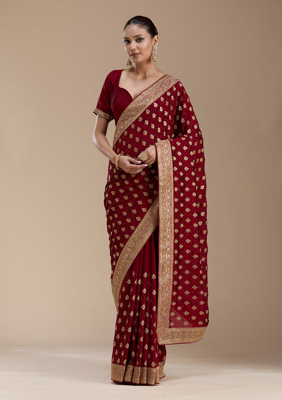 Maroon Zariwork (Gold) Soft Raw Silk Saree