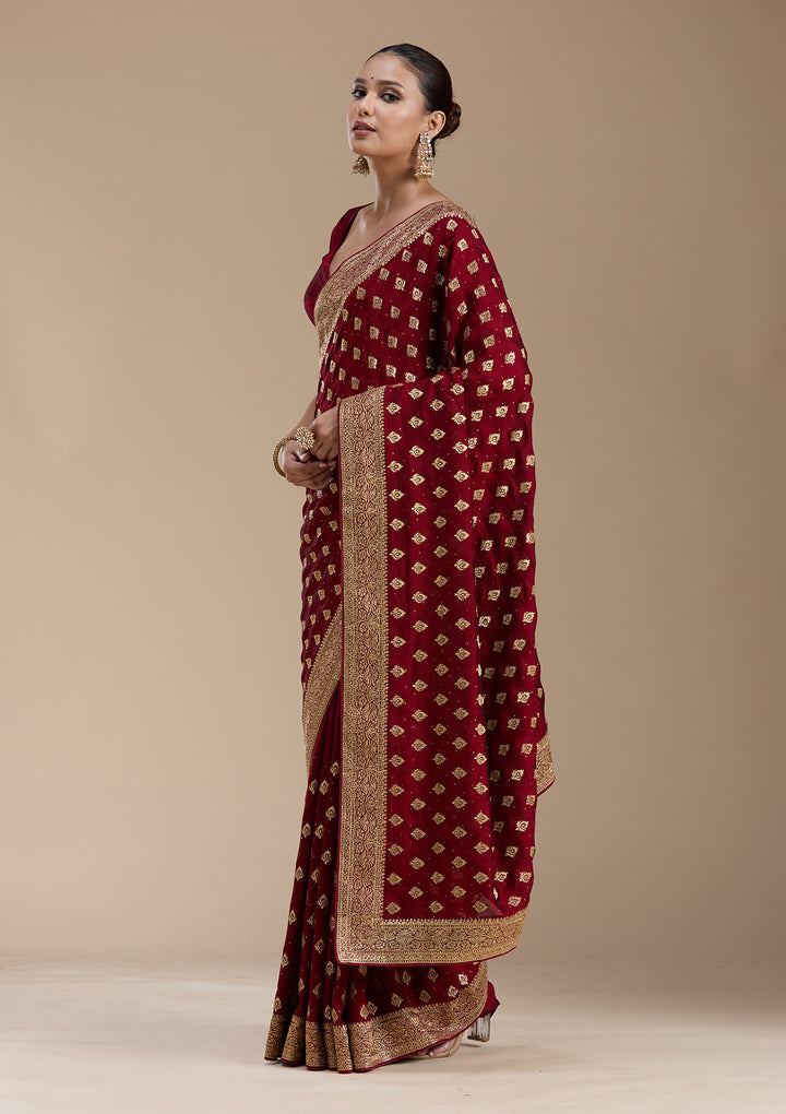 Maroon Zariwork (Gold) Soft Raw Silk Saree