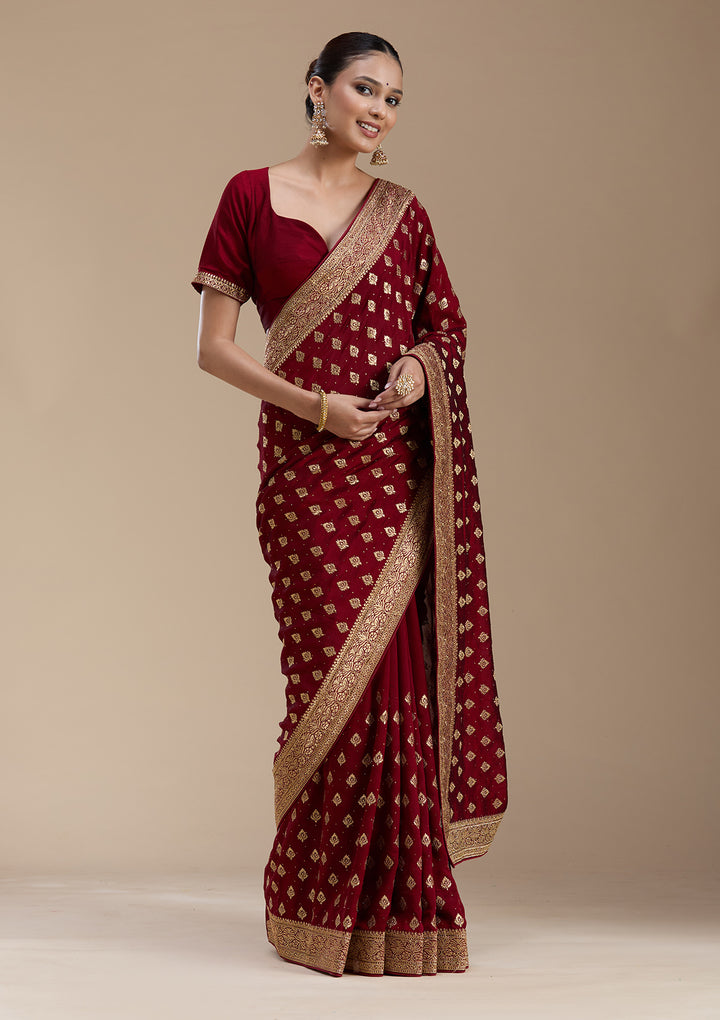 Maroon Zariwork (Gold) Soft Raw Silk Saree