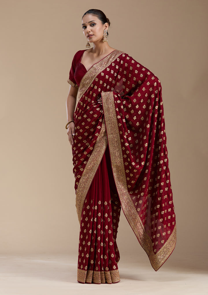 Maroon Zariwork (Gold) Soft Raw Silk Saree