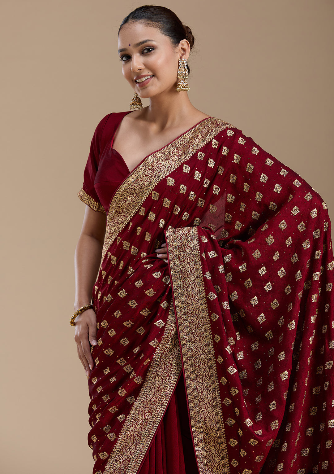 Maroon Zariwork (Gold) Soft Raw Silk Saree