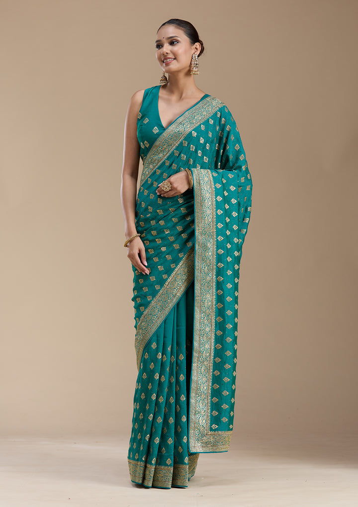 Rama Green Soft Raw Silk Gold Zariwork Saree With Matching Blouse Piece