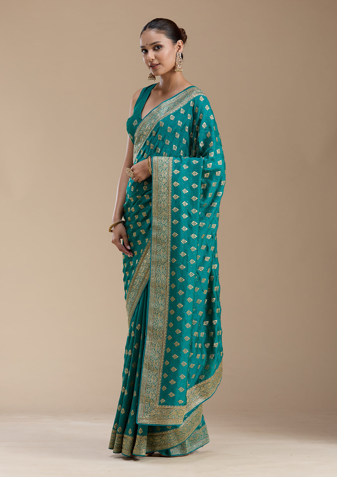 Rama Green Soft Raw Silk Gold Zariwork Saree With Matching Blouse Piece