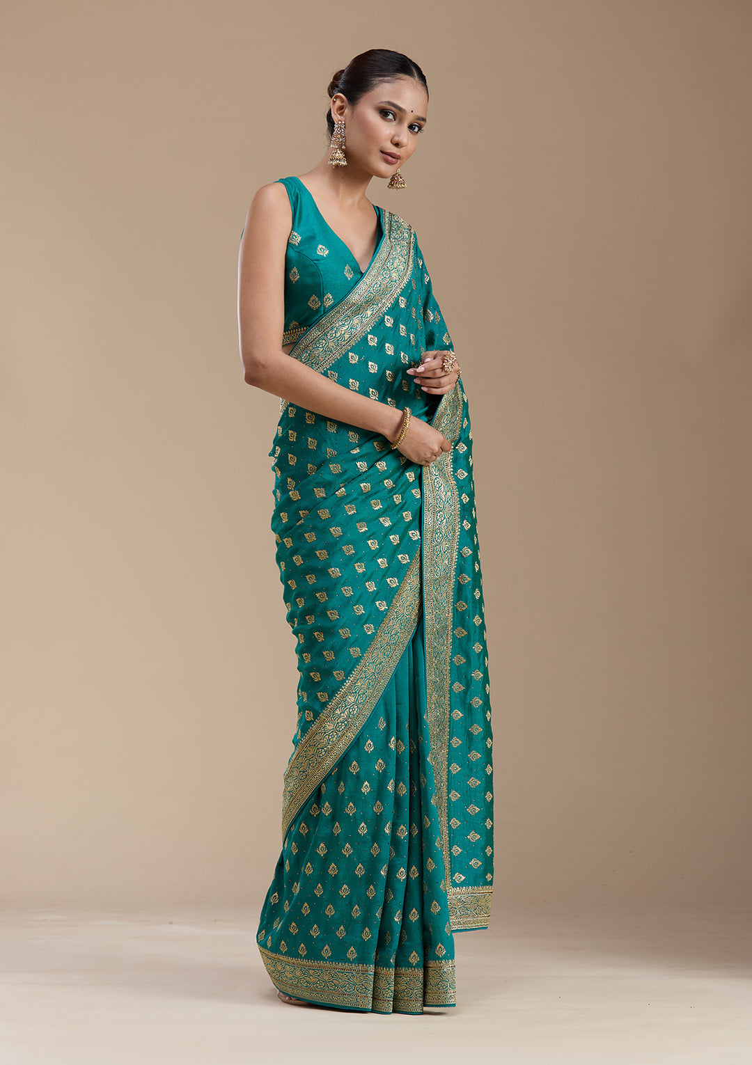 Rama Green Soft Raw Silk Gold Zariwork Saree With Matching Blouse Piece