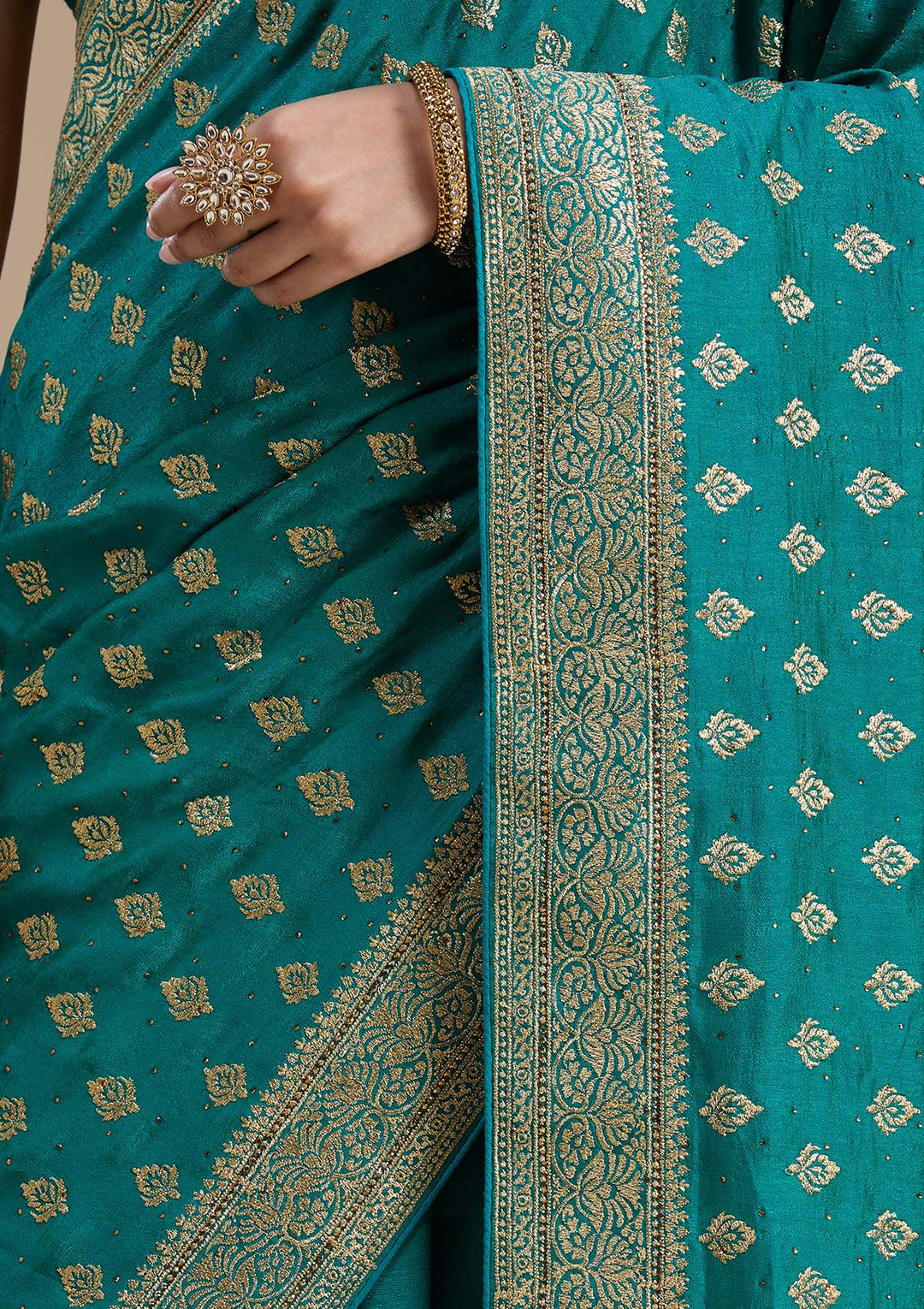 Rama Green Soft Raw Silk Gold Zariwork Saree With Matching Blouse Piece