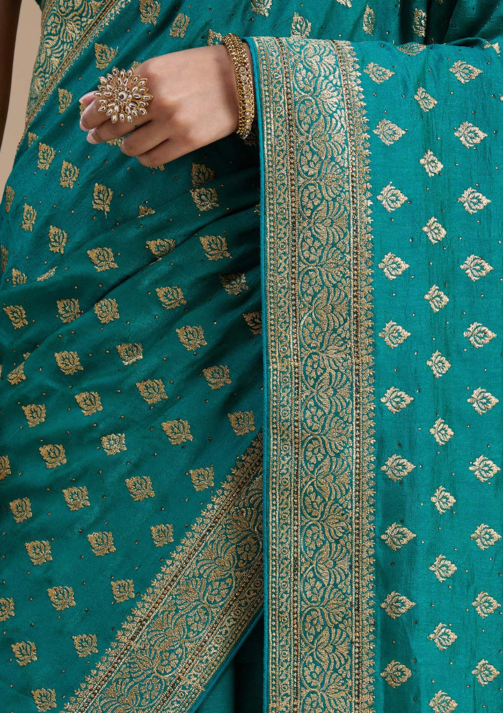 Rama Green Soft Raw Silk Gold Zariwork Saree With Matching Blouse Piece