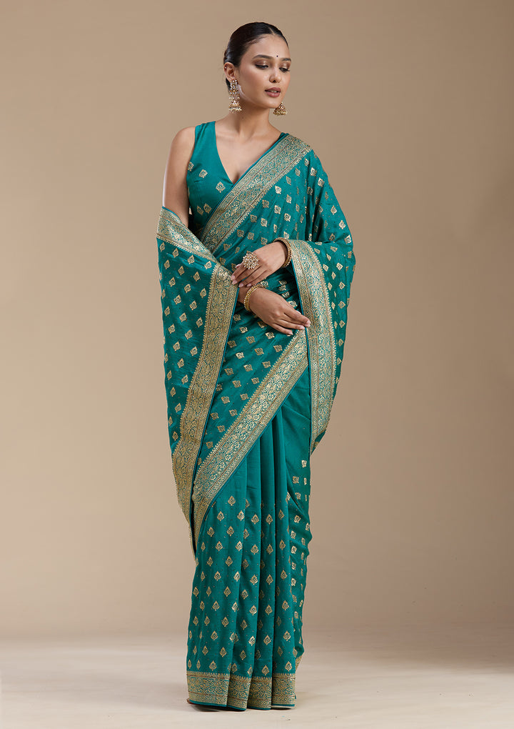 Rama Green Soft Raw Silk Gold Zariwork Saree With Matching Blouse Piece