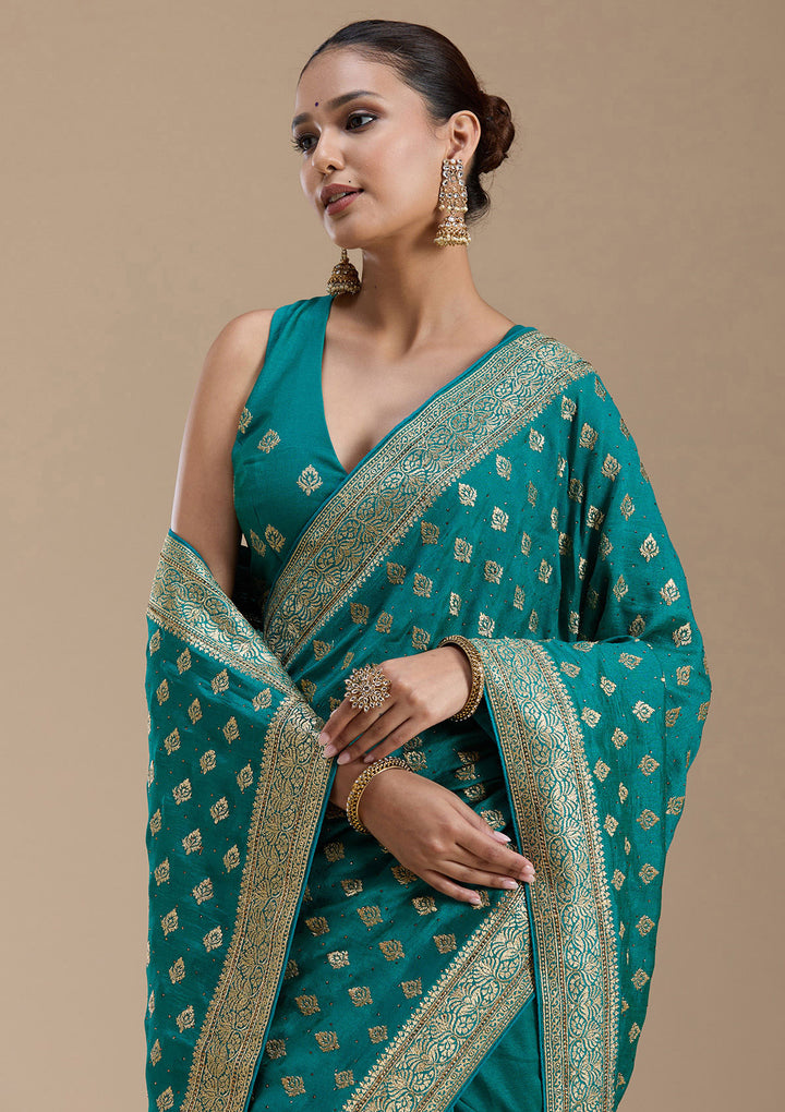 Rama Green Soft Raw Silk Gold Zariwork Saree With Matching Blouse Piece