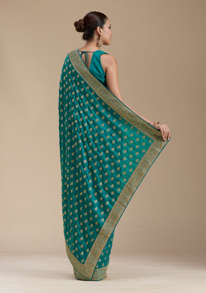 Rama Green Soft Raw Silk Gold Zariwork Saree With Matching Blouse Piece