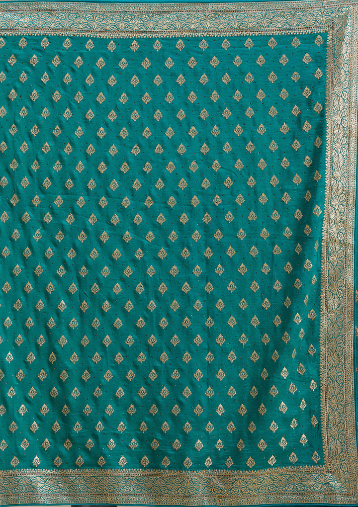 Rama Green Soft Raw Silk Gold Zariwork Saree With Matching Blouse Piece