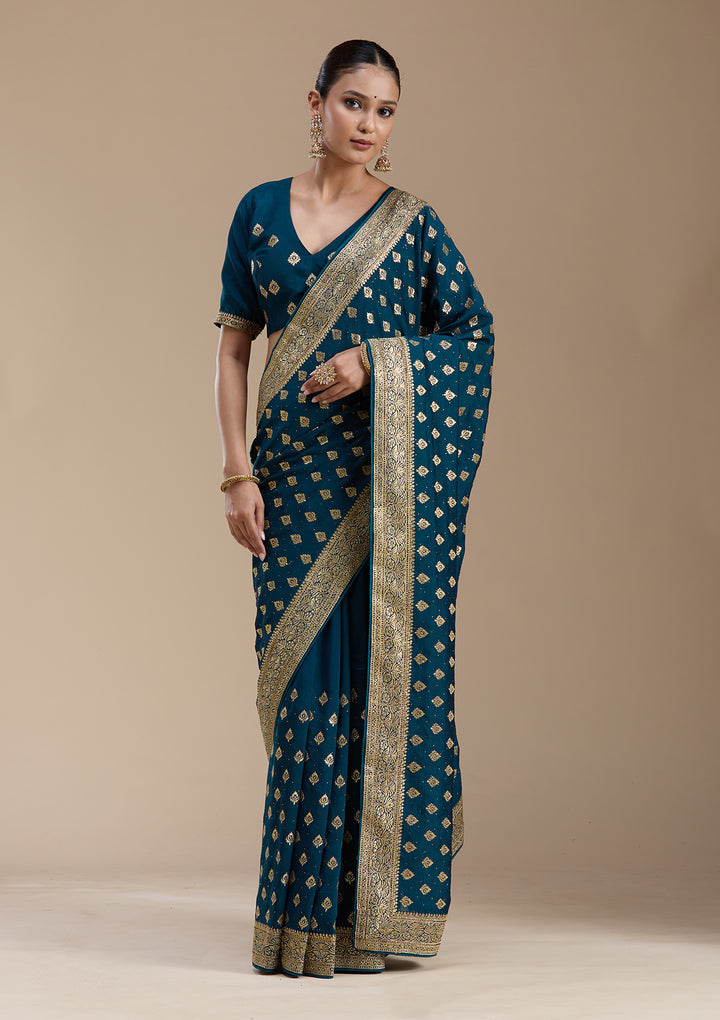 Teal Green Soft Raw Silk Gold Zariwork Saree With Matching Blouse Piece