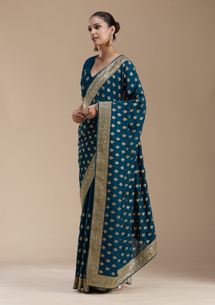 Teal Green Soft Raw Silk Gold Zariwork Saree With Matching Blouse Piece