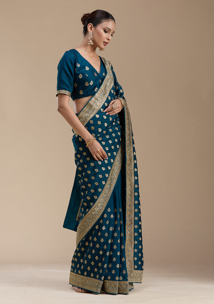 Teal Green Soft Raw Silk Gold Zariwork Saree With Matching Blouse Piece