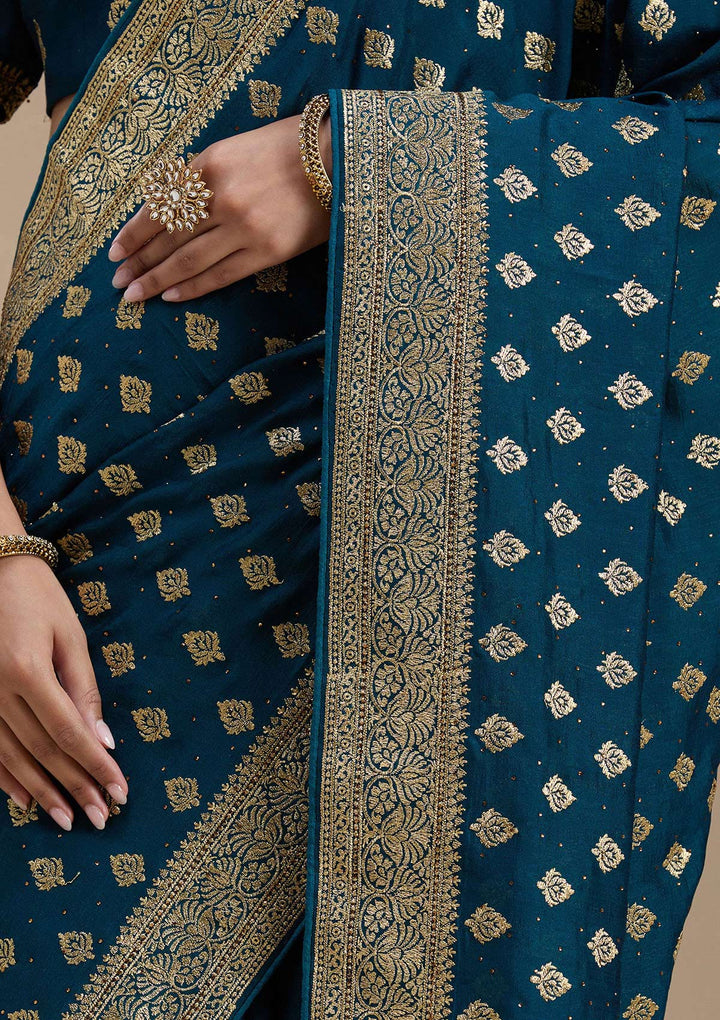 Teal Green Soft Raw Silk Gold Zariwork Saree With Matching Blouse Piece