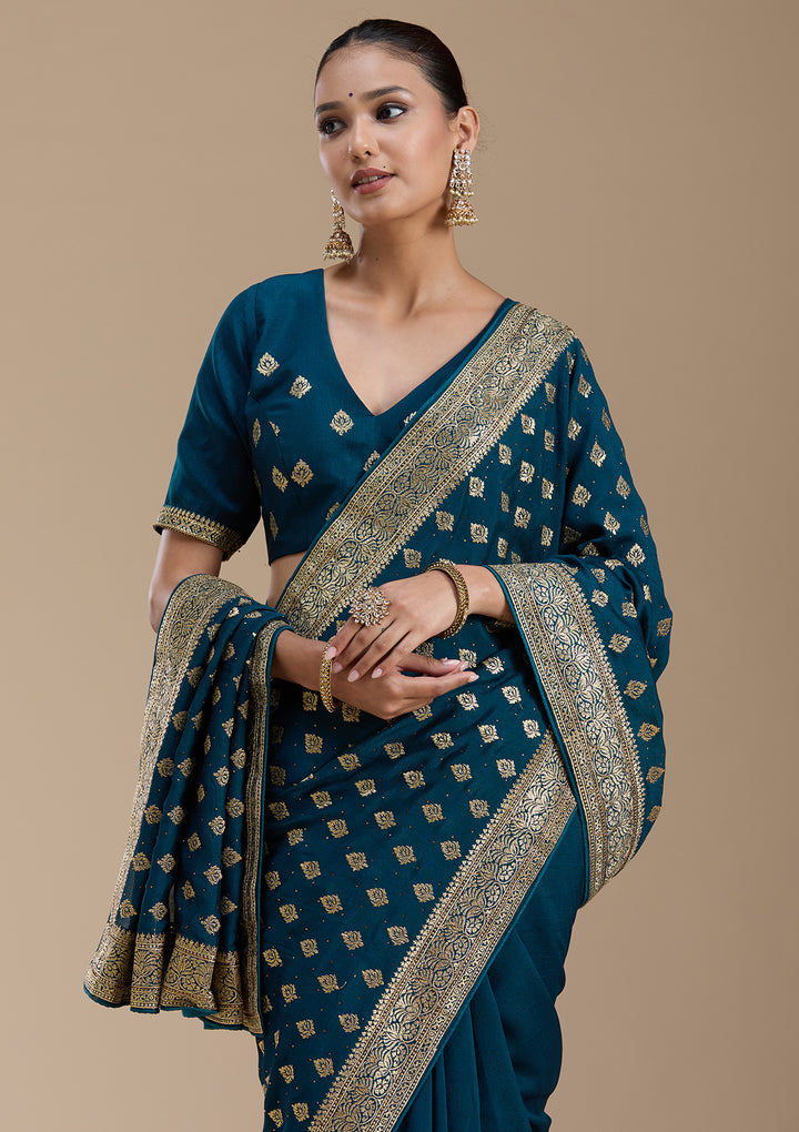 Teal Green Soft Raw Silk Gold Zariwork Saree With Matching Blouse Piece